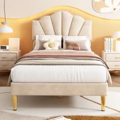 Redom Lit 90x200 cm tête coquillage réglable, pieds métal doré, velours beige et sommier à lattes bois* Lit Simple