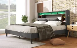 Redom Lit 140x200 cm tête de lit avec rangement, ports USB et éclairage LED, cadre bois massif et tissu lin gris* Ensemble Sommier Et Matelas