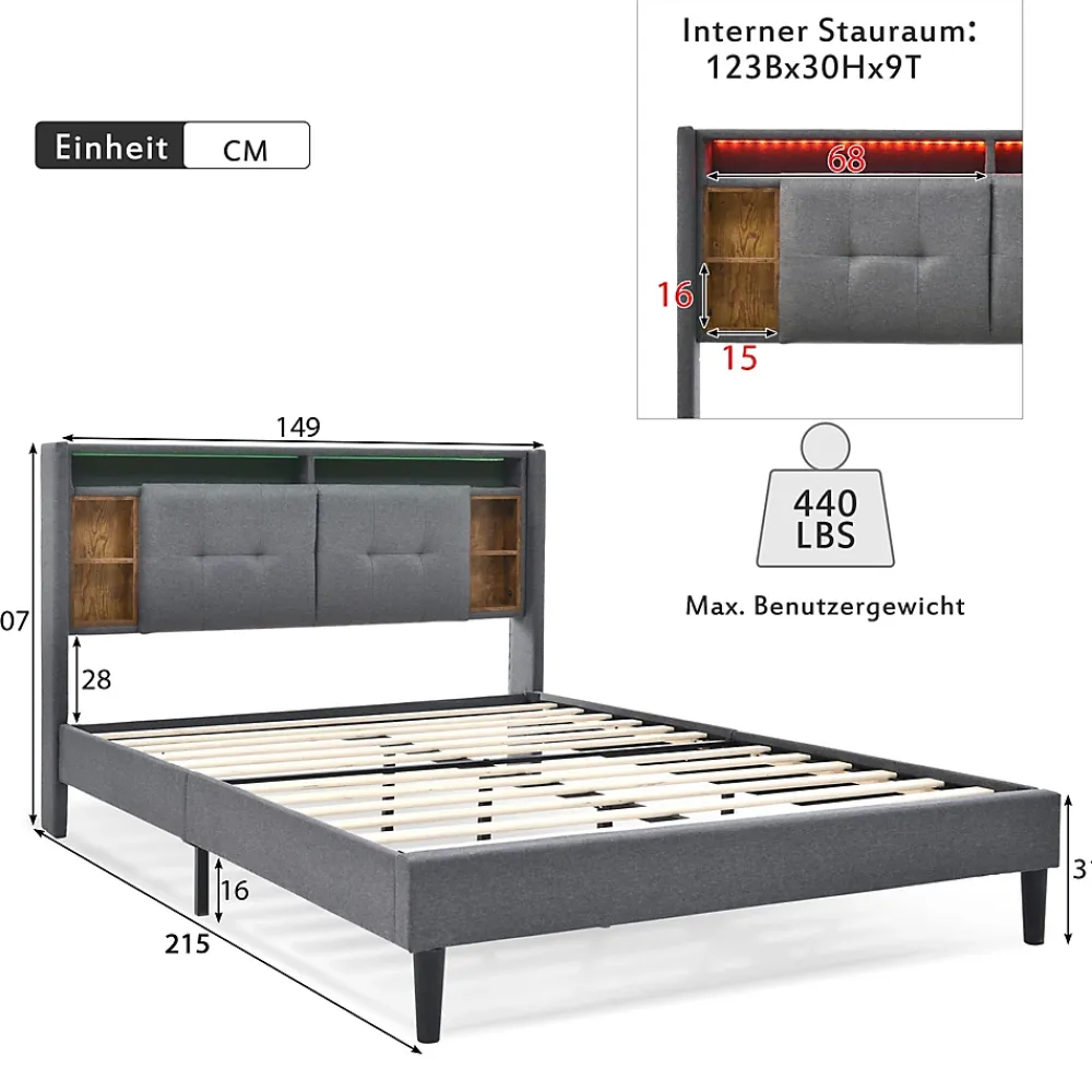 Redom Lit 140x200 cm tête de lit avec rangement, ports USB et éclairage LED, cadre bois massif et tissu lin gris* Ensemble Sommier Et Matelas