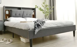 Redom Lit 140x200 cm tête de lit avec rangement, ports USB et éclairage LED, cadre bois massif et tissu lin gris* Ensemble Sommier Et Matelas