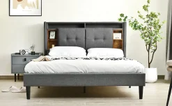 Redom Lit 140x200 cm tête de lit avec rangement, ports USB et éclairage LED, cadre bois massif et tissu lin gris* Ensemble Sommier Et Matelas