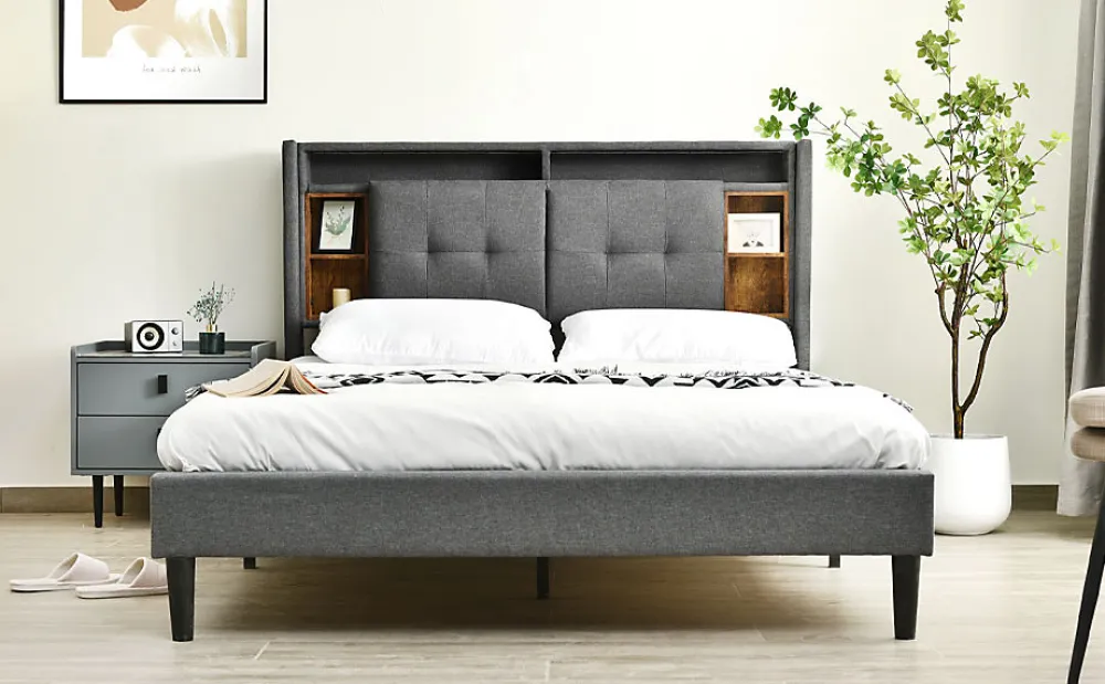 Redom Lit 140x200 cm tête de lit avec rangement, ports USB et éclairage LED, cadre bois massif et tissu lin gris* Ensemble Sommier Et Matelas