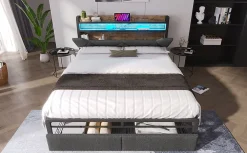 Redom Lit 140x200 cm tête de lit avec rangement et tiroirs, cadre métal et tissu lin gris, LED et station USB* Ensemble Sommier Et Matelas