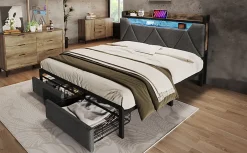 Redom Lit 140x200 cm tête de lit avec rangement et tiroirs, cadre métal et tissu lin gris, LED et station USB* Ensemble Sommier Et Matelas