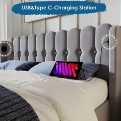 Redom Lit 160x200 cm tête de lit capitonnée avec ports USB et Type-C, cadre tapissé lin gris* Ensemble Sommier Et Matelas