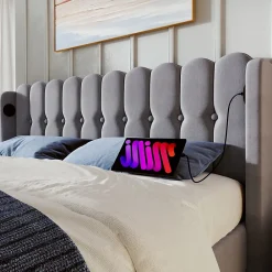 Redom Lit 160x200 cm tête de lit capitonnée avec ports USB et Type-C, cadre tapissé lin gris* Ensemble Sommier Et Matelas