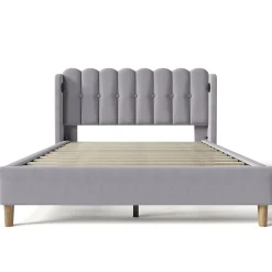 Redom Lit 160x200 cm tête de lit capitonnée avec ports USB et Type-C, cadre tapissé lin gris* Ensemble Sommier Et Matelas