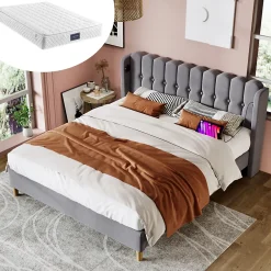 Redom Lit 160x200 cm tête de lit capitonnée avec ports USB et Type-C, cadre tapissé lin gris* Ensemble Sommier Et Matelas