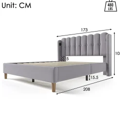Redom Lit 160x200 cm tête de lit capitonnée avec ports USB et Type-C, cadre tapissé lin gris* Ensemble Sommier Et Matelas