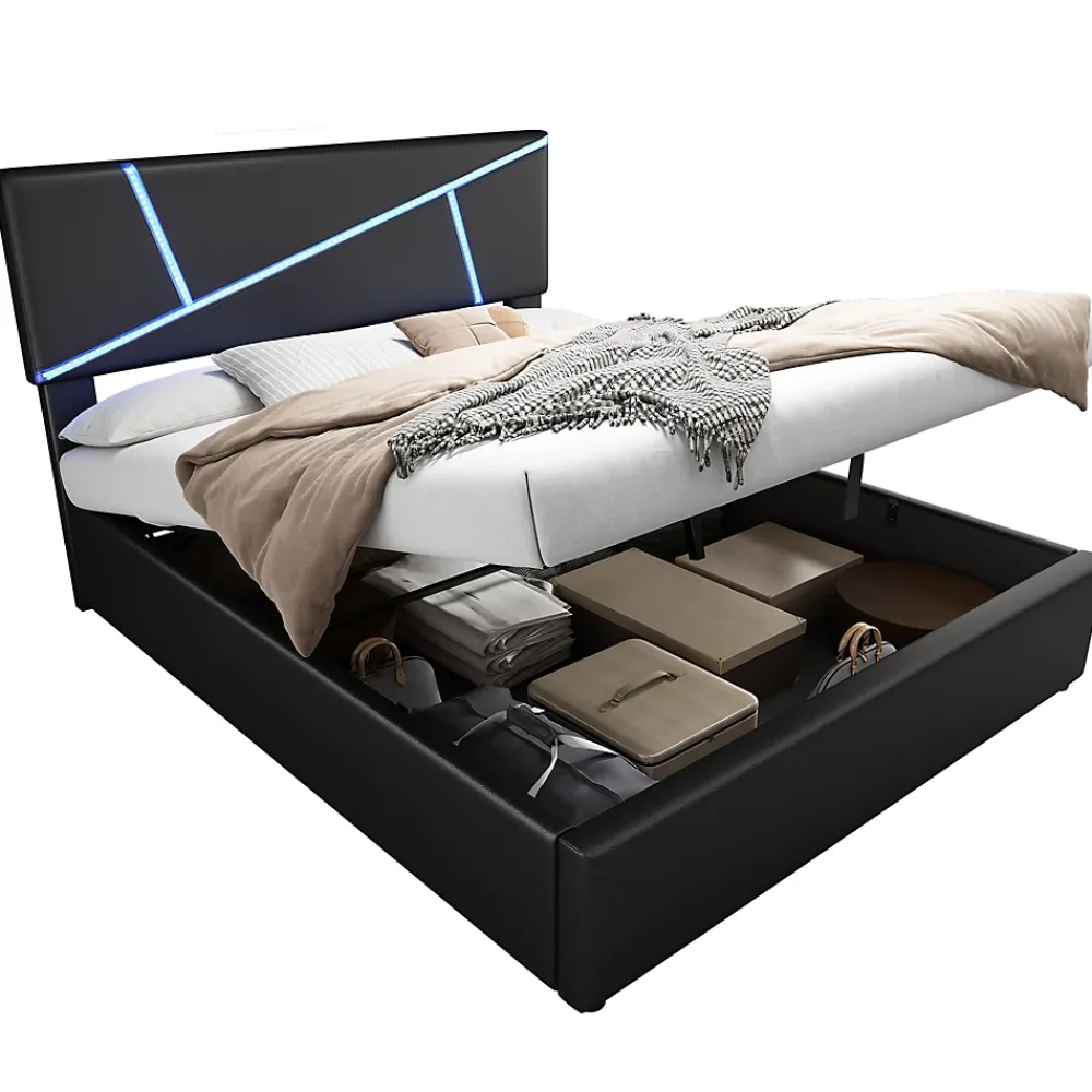 Redom Lit 140x200 cm tête de lit rembourrée avec éclairage LED pilotable et coffre hydraulique, revêtement PU noir* Lit Avec Rangement