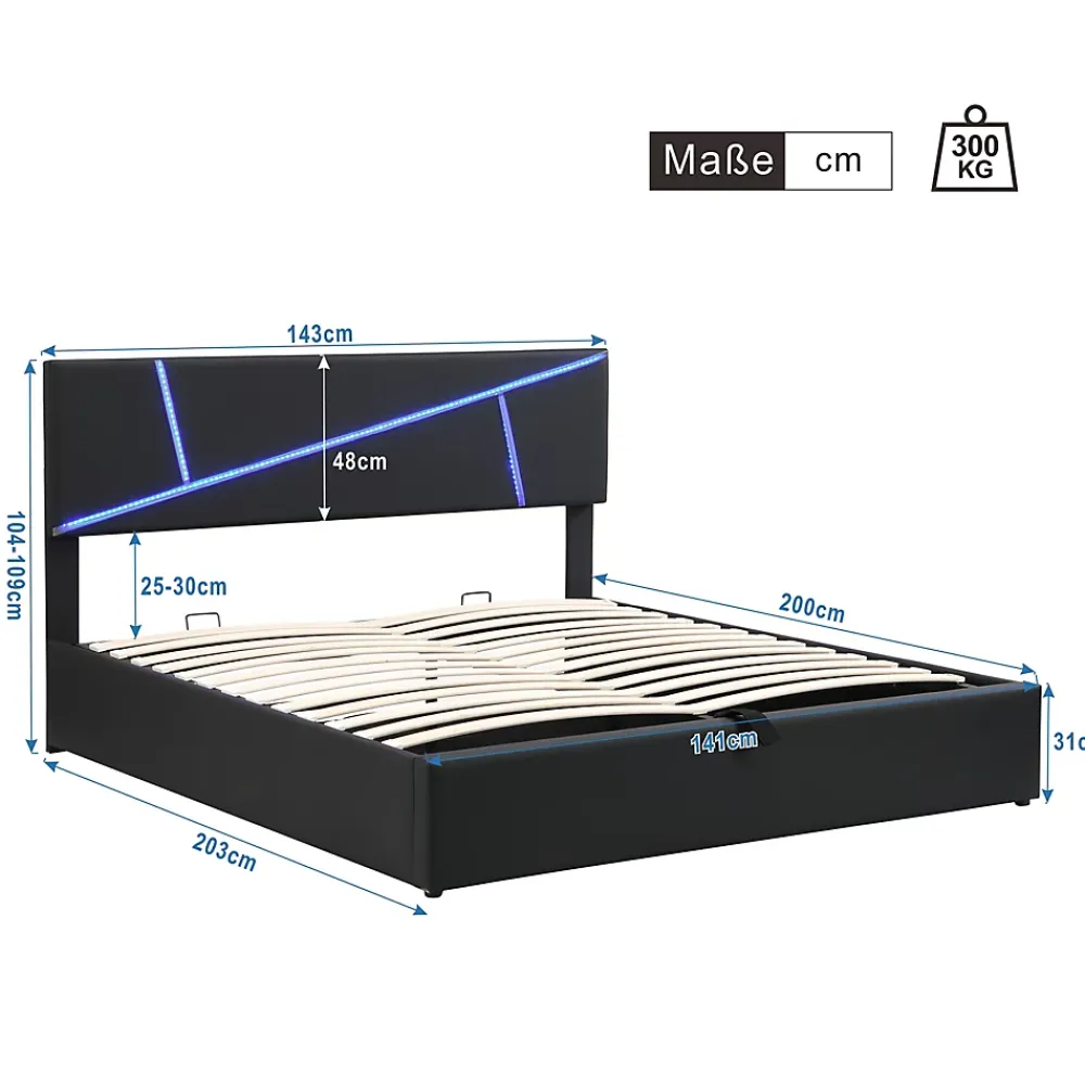 Redom Lit 140x200 cm tête de lit rembourrée avec éclairage LED pilotable et coffre hydraulique, revêtement PU noir* Lit Avec Rangement