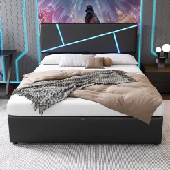 Redom Lit 140x200 cm tête de lit rembourrée avec éclairage LED pilotable et coffre hydraulique, revêtement PU noir* Lit Avec Rangement