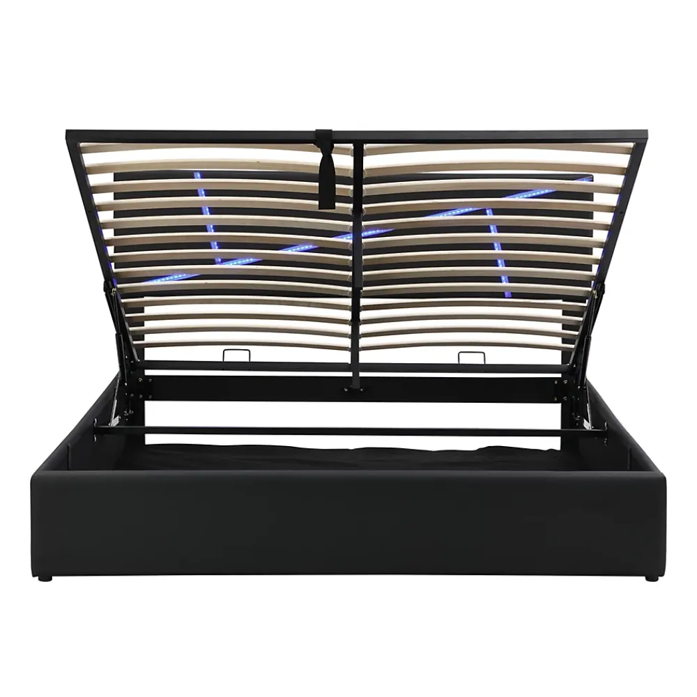 Redom Lit 140x200 cm tête de lit rembourrée avec éclairage LED pilotable et coffre hydraulique, revêtement PU noir* Lit Avec Rangement