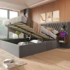 Lit 180x200 cm, tête de lit velours gris et rangement hydraulique, deux chevets finition bois avec USB/Type-C>Redom Discount