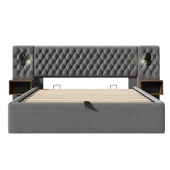Lit 180x200 cm, tête de lit velours gris et rangement hydraulique, deux chevets finition bois avec USB/Type-C><noscript><img width=