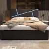 Lit 90x200 cm tête rembourrée LED contrôlable, rangement hydraulique, PU noir, sommier 13 lattes>Redom Sale