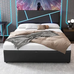 Lit 90x200 cm tête rembourrée LED contrôlable, rangement hydraulique, PU noir, sommier 13 lattes><noscript><img width=