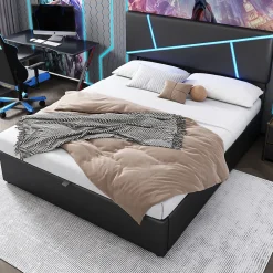 Lit 90x200 cm tête rembourrée LED contrôlable, rangement hydraulique, PU noir, sommier 13 lattes><noscript><img width=