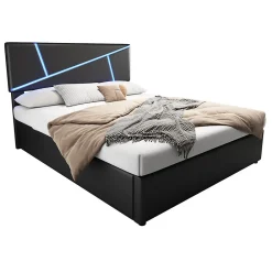 Lit 90x200 cm tête rembourrée LED contrôlable, rangement hydraulique, PU noir, sommier 13 lattes><noscript><img width=