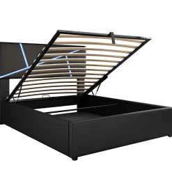 Lit 90x200 cm tête rembourrée LED contrôlable, rangement hydraulique, PU noir, sommier 13 lattes><noscript><img width=