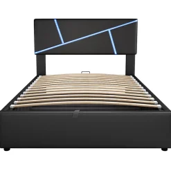Lit 90x200 cm tête rembourrée LED contrôlable, rangement hydraulique, PU noir, sommier 13 lattes><noscript><img width=