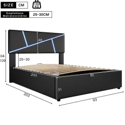 Lit 90x200 cm tête rembourrée LED contrôlable, rangement hydraulique, PU noir, sommier 13 lattes><noscript><img width=
