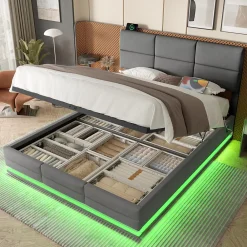 Redom Lit 140x200 cm velours gris foncé, tête de lit réglable 3 positions et grand coffre hydraulique intégré* Lit Avec Rangement