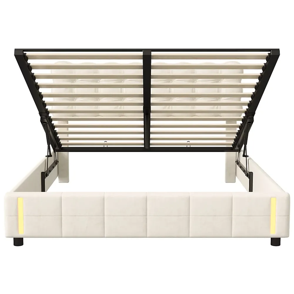 Generique Lit 140x200 cm, velours, tête capitonnée, hydraulique, LED, rangement, sommier à lattes* Lit Double