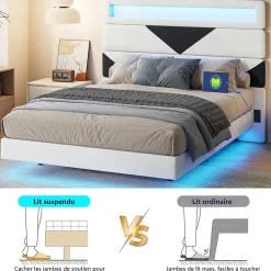 Lit 160x200 cm,avec port de chargement USB et éclairage LED,Cadre de lit, lit flottant avec Tête de lit triangle,Lit adulte,Blanc>Fortuna lai Sale