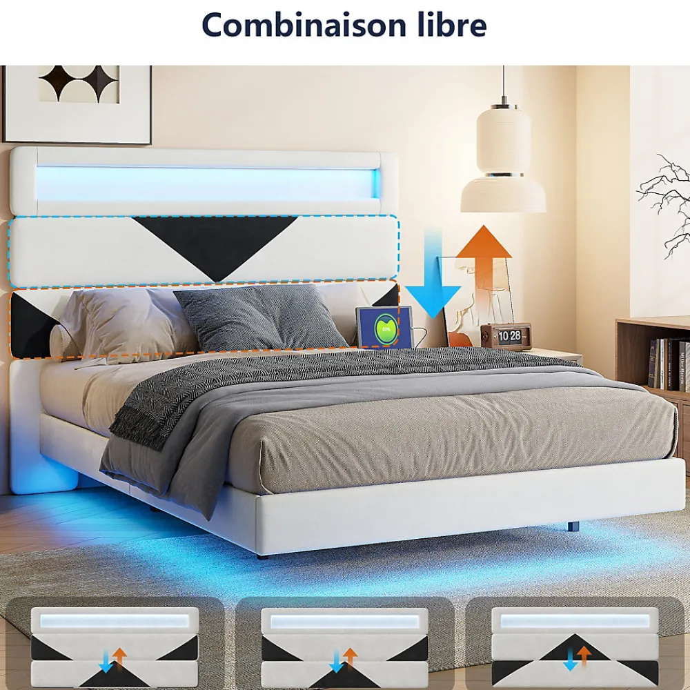 Lit 160x200 cm,avec port de chargement USB et éclairage LED,Cadre de lit, lit flottant avec Tête de lit triangle,Lit adulte,Blanc>Fortuna lai Sale