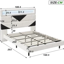 Lit 160x200 cm,avec port de chargement USB et éclairage LED,Cadre de lit, lit flottant avec Tête de lit triangle,Lit adulte,Blanc><noscript><img width=