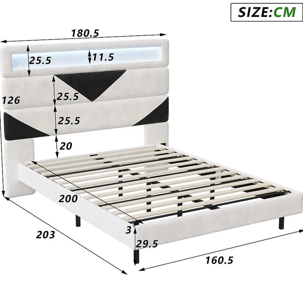 Lit 160x200 cm,avec port de chargement USB et éclairage LED,Cadre de lit, lit flottant avec Tête de lit triangle,Lit adulte,Blanc>Fortuna lai Sale