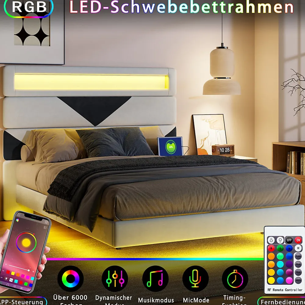 Lit 160x200 cm,avec port de chargement USB et éclairage LED,Cadre de lit, lit flottant avec Tête de lit triangle,Lit adulte,Blanc>Fortuna lai Sale