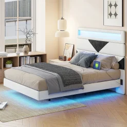 Lit 160x200 cm,avec port de chargement USB et éclairage LED,Cadre de lit, lit flottant avec Tête de lit triangle,Lit adulte,Blanc><noscript><img width=