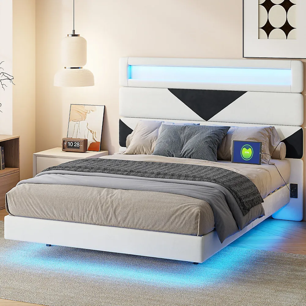 Lit 160x200 cm,avec port de chargement USB et éclairage LED,Cadre de lit, lit flottant avec Tête de lit triangle,Lit adulte,Blanc>Fortuna lai Sale