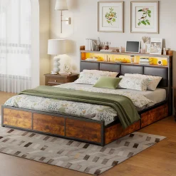 Lit 160x200 cuir PU noir, cadre métal, LED, tête de lit avec rangement, tiroirs, design moderne pour enfants/ados>Generique Best