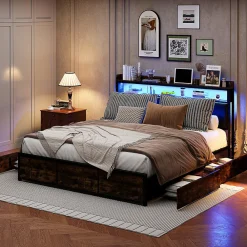 Lit 160x200 cuir PU noir, cadre métal, LED, tête de lit avec rangement, tiroirs, design moderne pour enfants/ados>Generique Best
