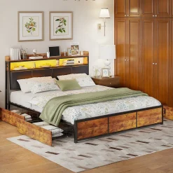 Lit 160x200 cuir PU noir, cadre métal, LED, tête de lit avec rangement, tiroirs, design moderne pour enfants/ados><noscript><img width=