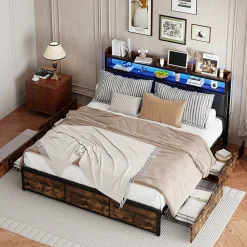 Lit 160x200 cuir PU noir, cadre métal, LED, tête de lit avec rangement, tiroirs, design moderne pour enfants/ados><noscript><img width=