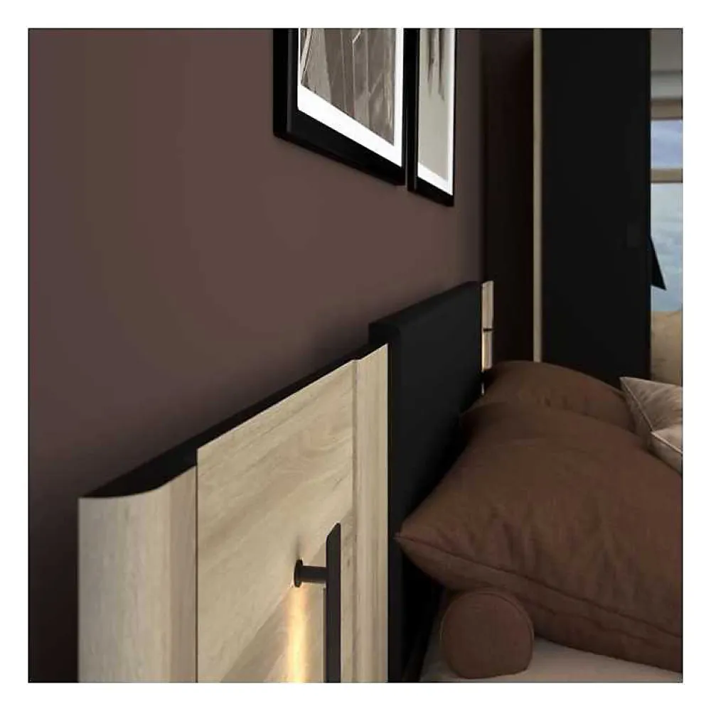 Parisot Lit 140x190/200 KIERAN chêne noir avec chevets intégrés* Ensemble Sommier Et Matelas
