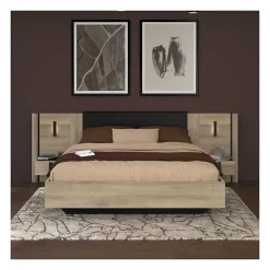 Parisot Lit 140x190/200 KIERAN chêne noir avec chevets intégrés* Ensemble Sommier Et Matelas