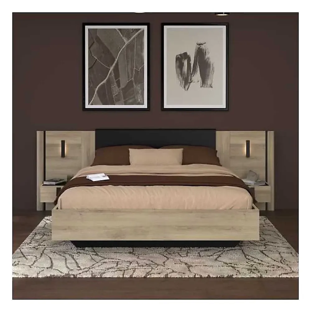 Parisot Lit 140x190/200 KIERAN chêne noir avec chevets intégrés* Ensemble Sommier Et Matelas