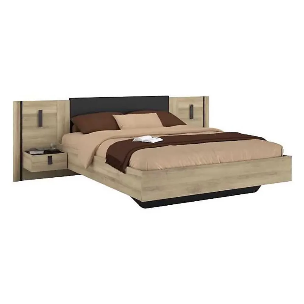 Parisot Lit 140x190/200 KIERAN chêne noir avec chevets intégrés* Ensemble Sommier Et Matelas