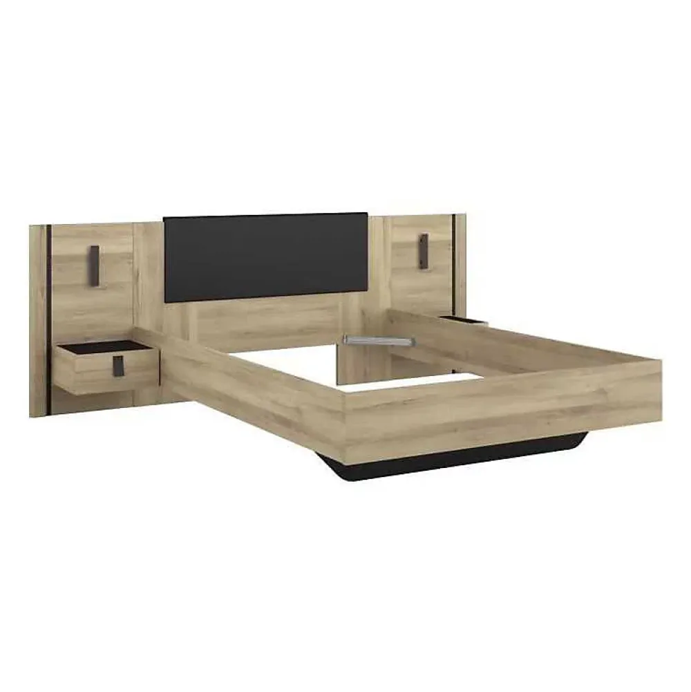 Parisot Lit 140x190/200 KIERAN chêne noir avec chevets intégrés* Ensemble Sommier Et Matelas