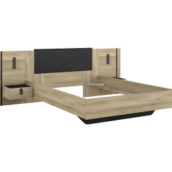 Parisot Lit 140x190/200 KIERAN chêne noir avec chevets intégrés* Ensemble Sommier Et Matelas
