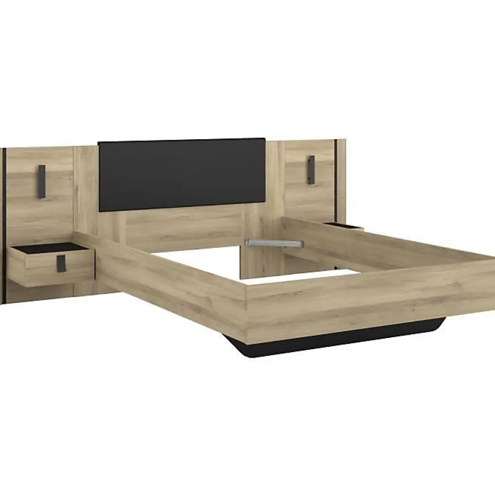 Parisot Lit 140x190/200 KIERAN chêne noir avec chevets intégrés* Ensemble Sommier Et Matelas