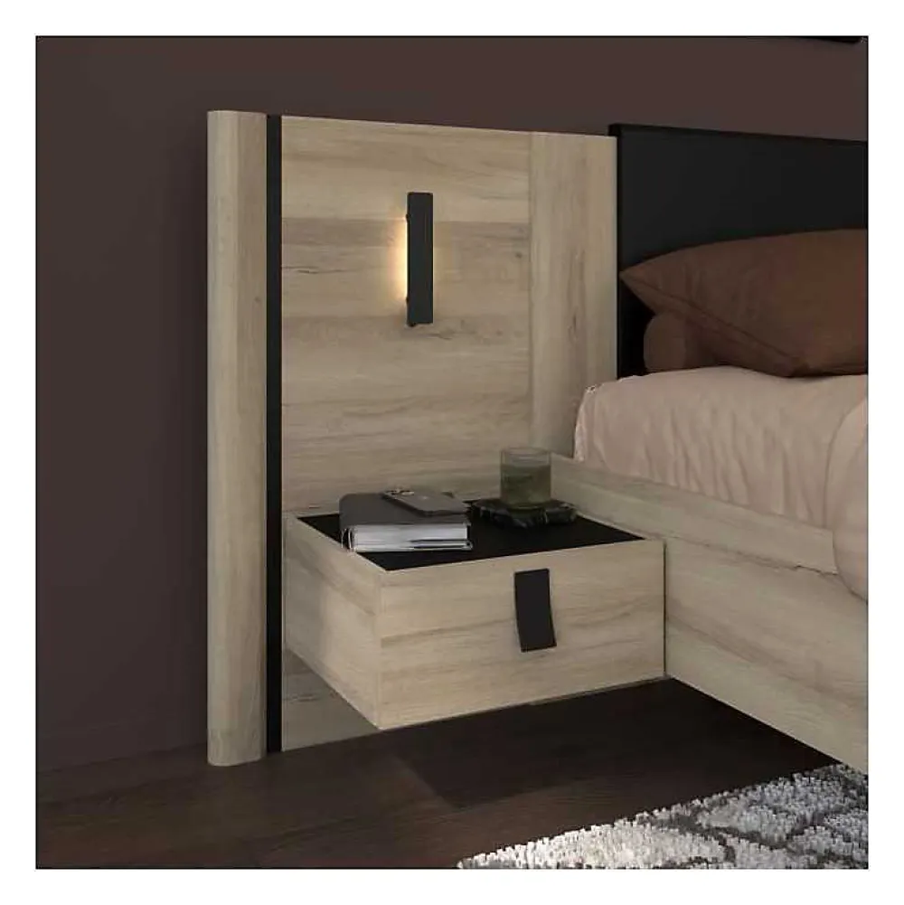 Parisot Lit 140x190/200 KIERAN chêne noir avec chevets intégrés* Ensemble Sommier Et Matelas