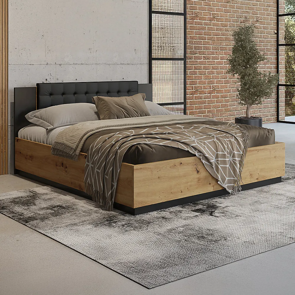 Petits-Meubles Lit 160x200 sommier inclus Alec Bois et Noir* Lit Double