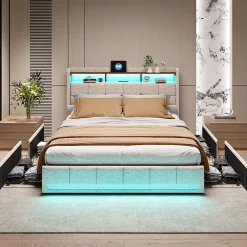 Lit 180x200 Sommier LED Et 2 USB, Type-c, Lit Capitonné Lit Double Avec 4 Tiroirs, Lin, Beige>Simple Life Clearance