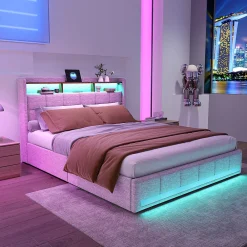 Lit 180x200 Sommier LED Et 2 USB, Type-c, Lit Capitonné Lit Double Avec 4 Tiroirs, Lin, Beige><noscript><img width=